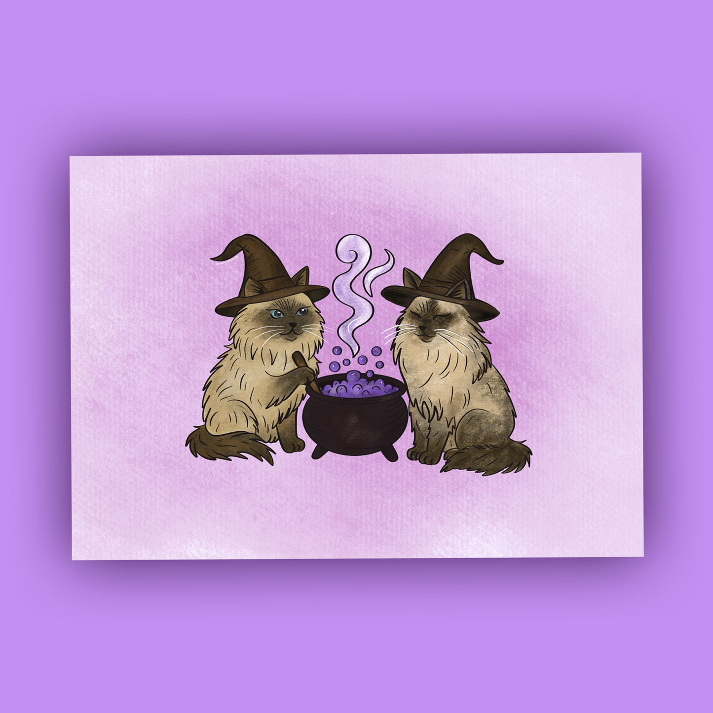 Two cats wearing witch hats around a cauldron with a purple background