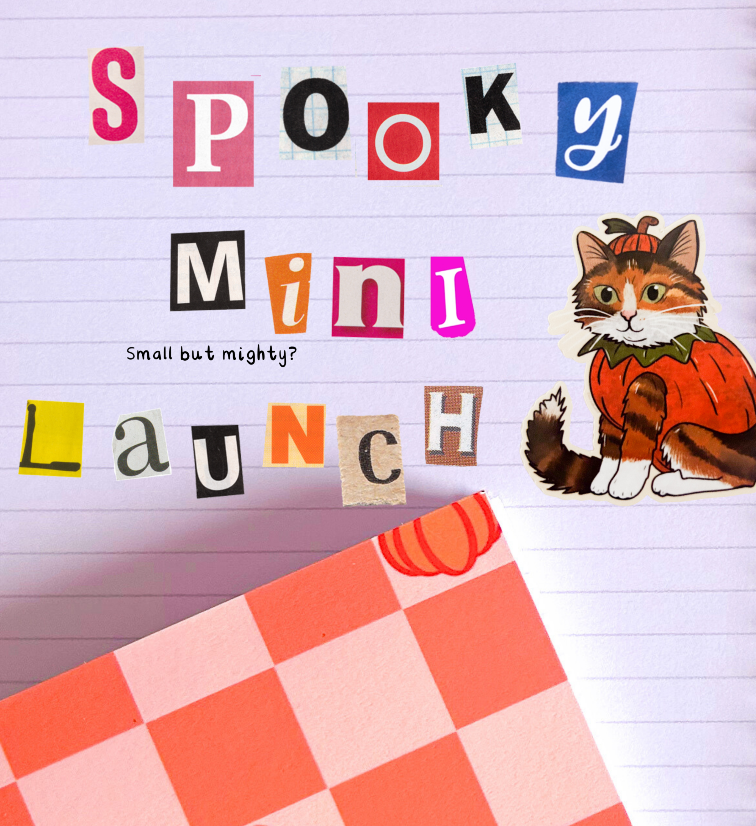 Notebook with 'Spooky Mini Launch' text and a cat in a pumpkin costume on a checkered orange and white cover.