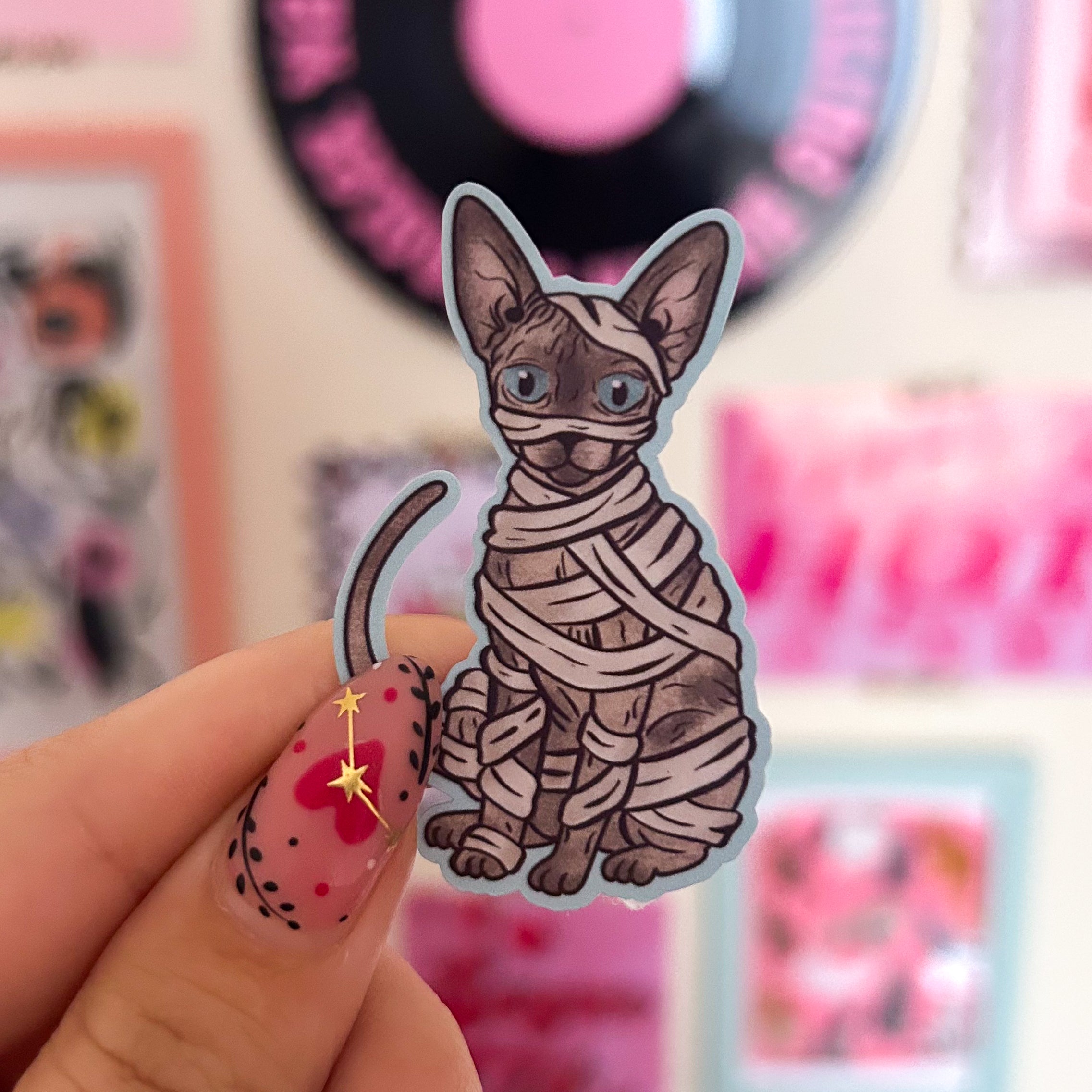 Grey Sphynx Cat Sticker in a mummy costume