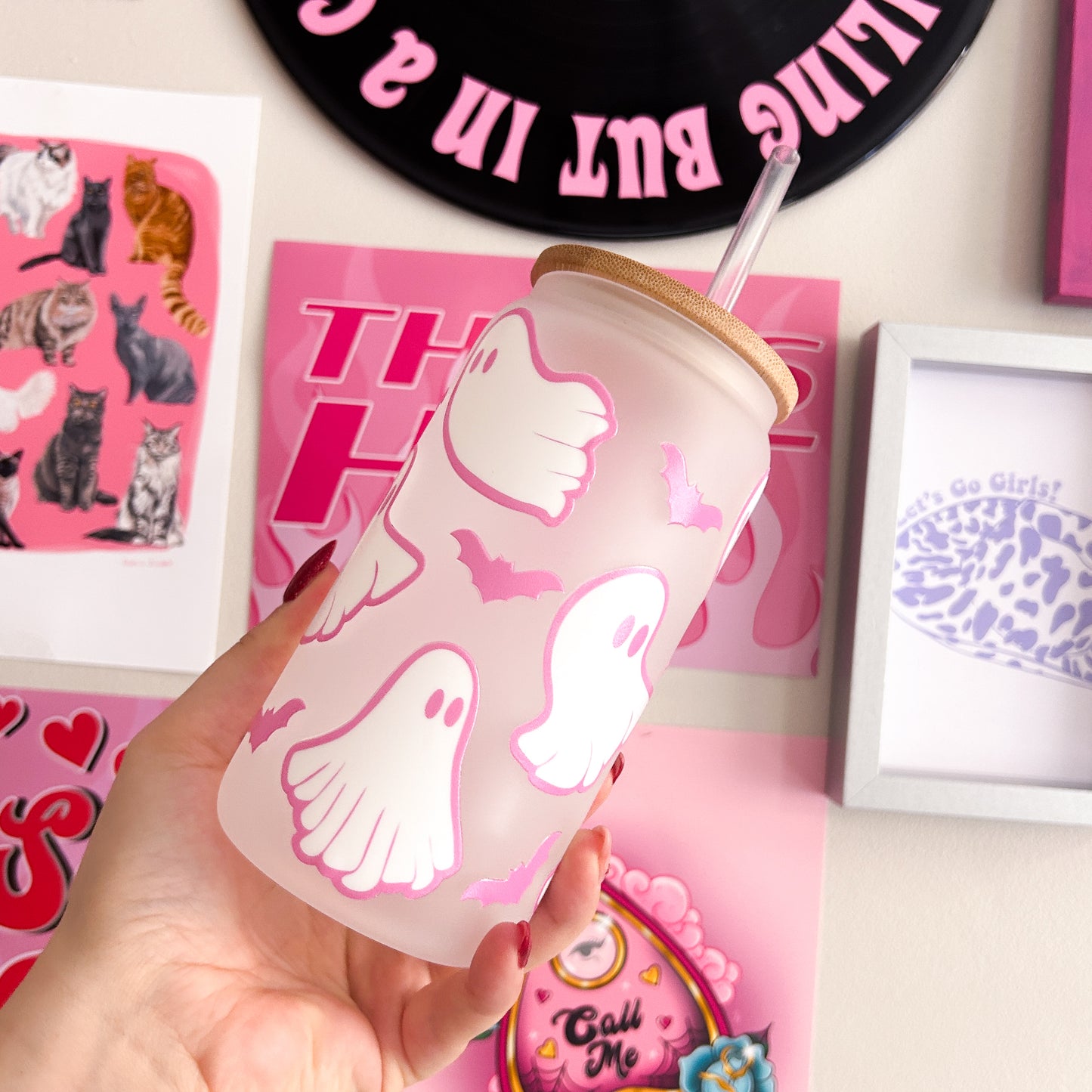 Pink Ghoulish Ghost Print Tumbler