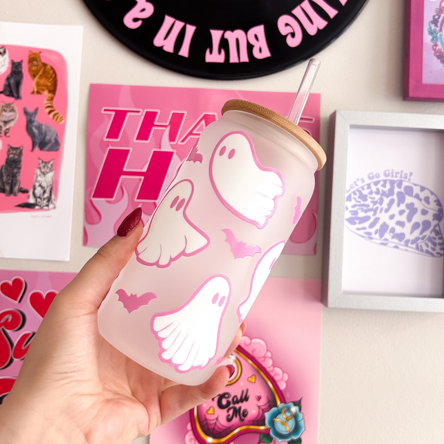 Pink Ghoulish Ghost Print Tumbler