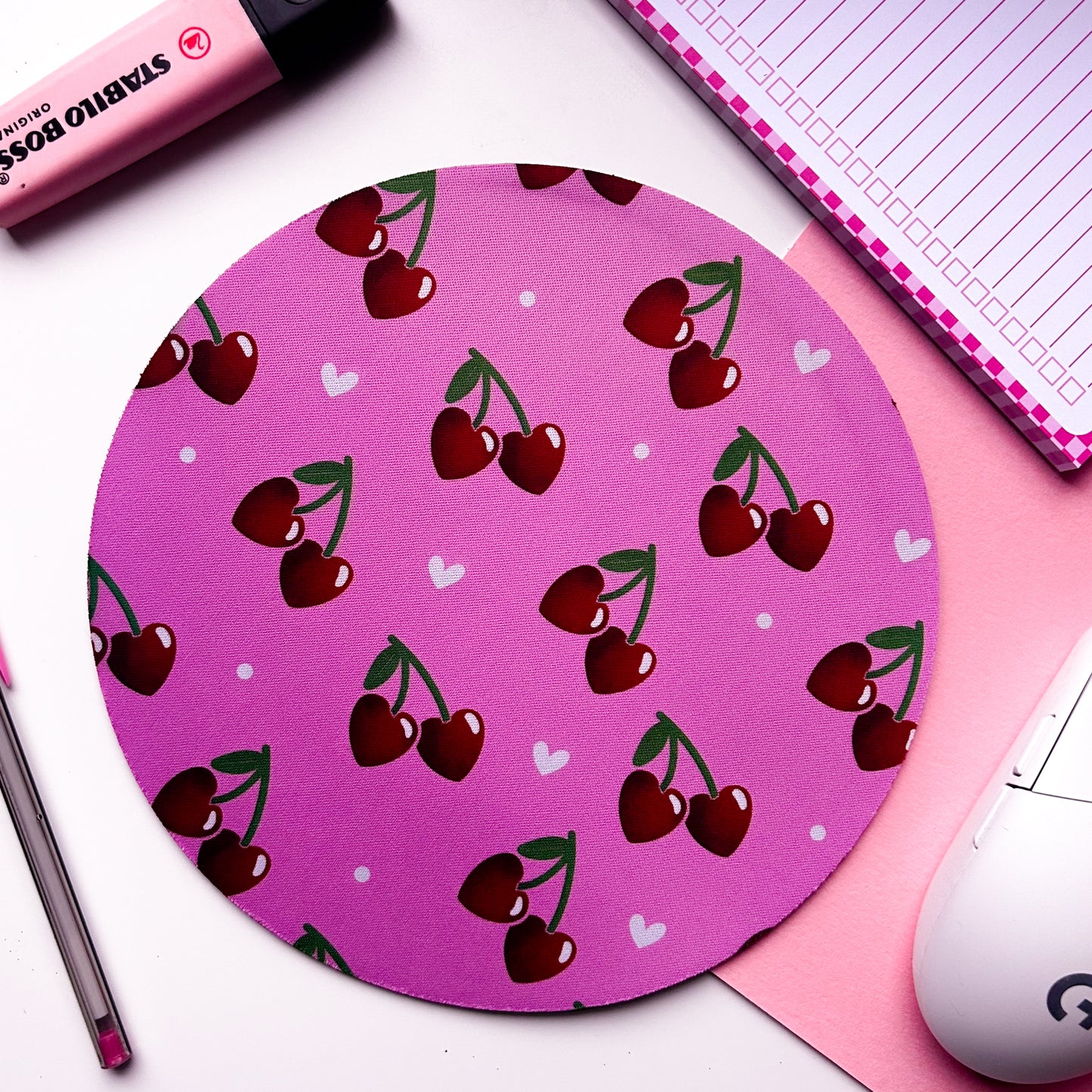 Red Heart Cherry Circular Mouse Pad