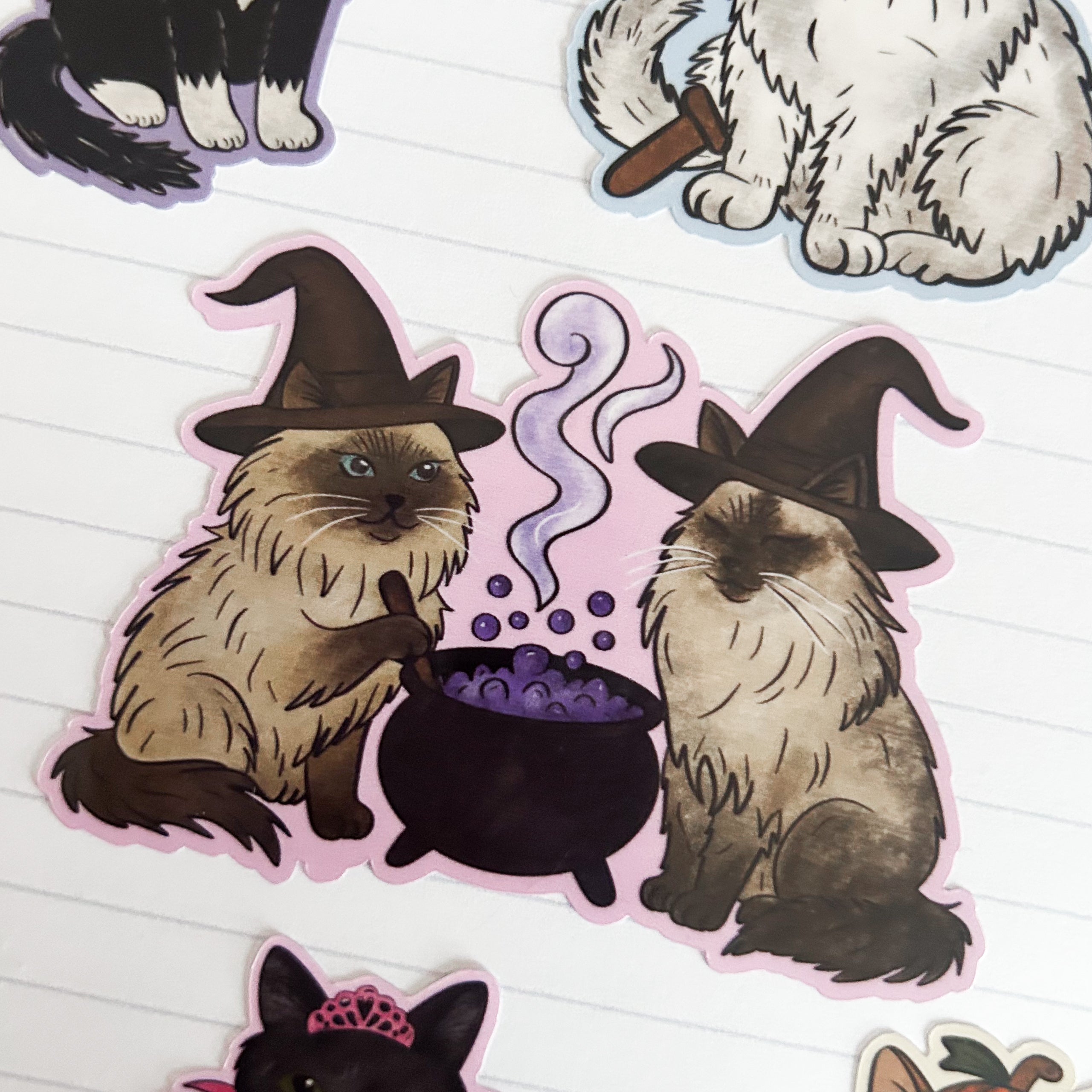 Sticker of cats in witch hats and a cauldron on lined paper